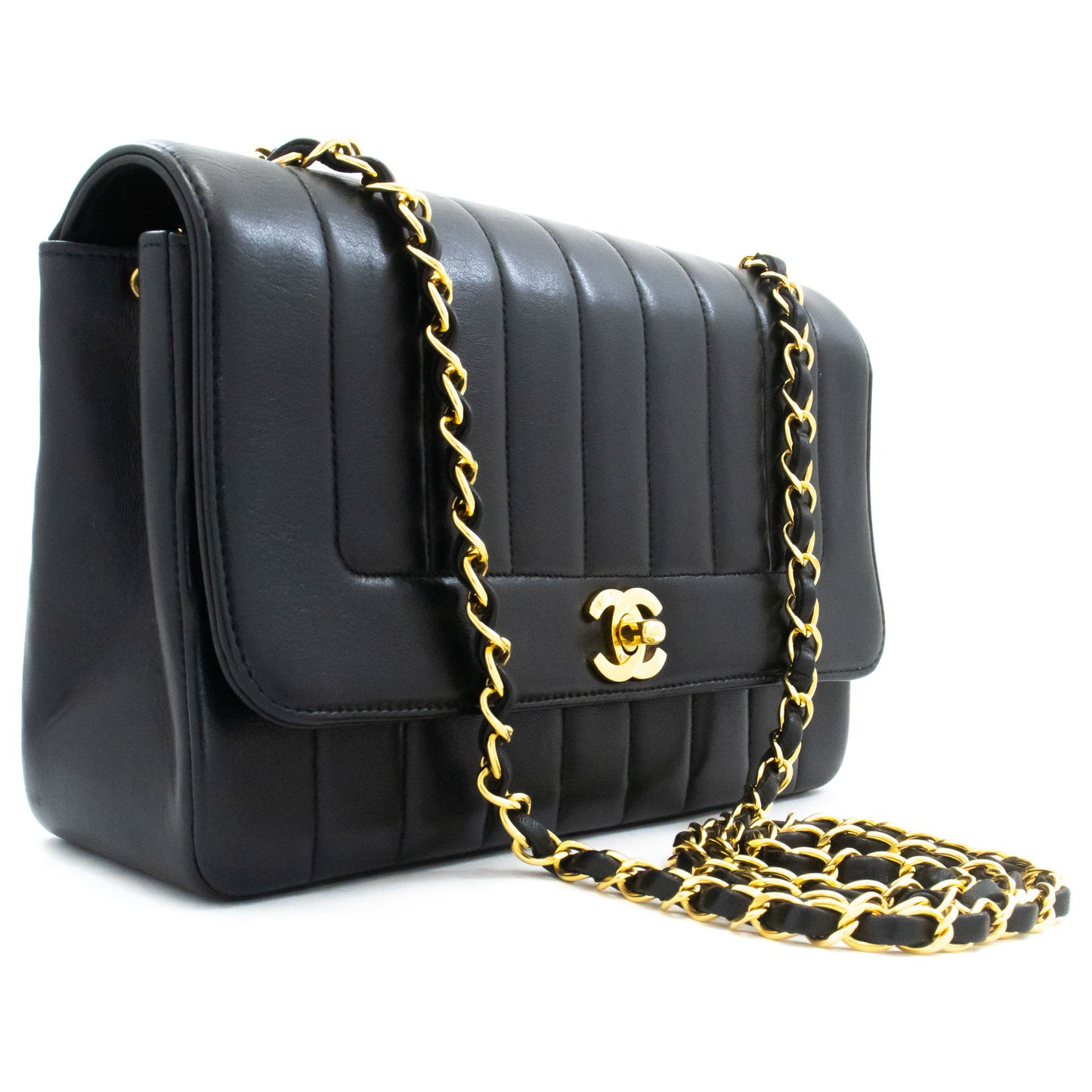 CHANEL Stripe Single Flap Chain Shoulder Bag Black Quilted aj3 hannari-shop