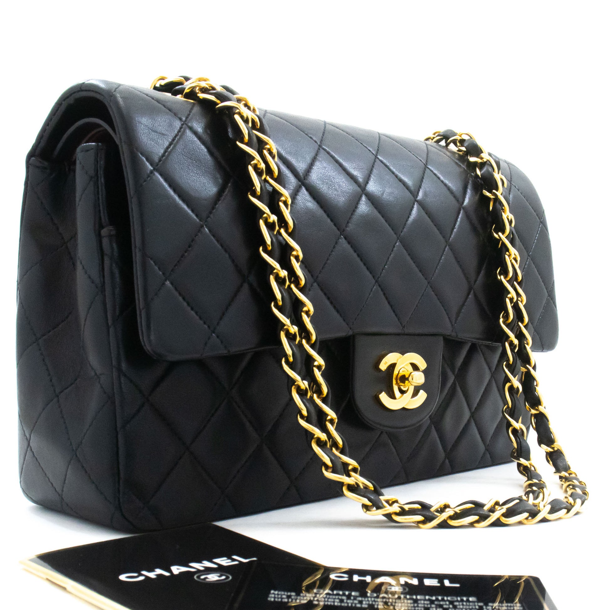 CHANEL Classic Double Flap 10" Chain Shoulder Bag Black Lambskin aj8 hannari-shop