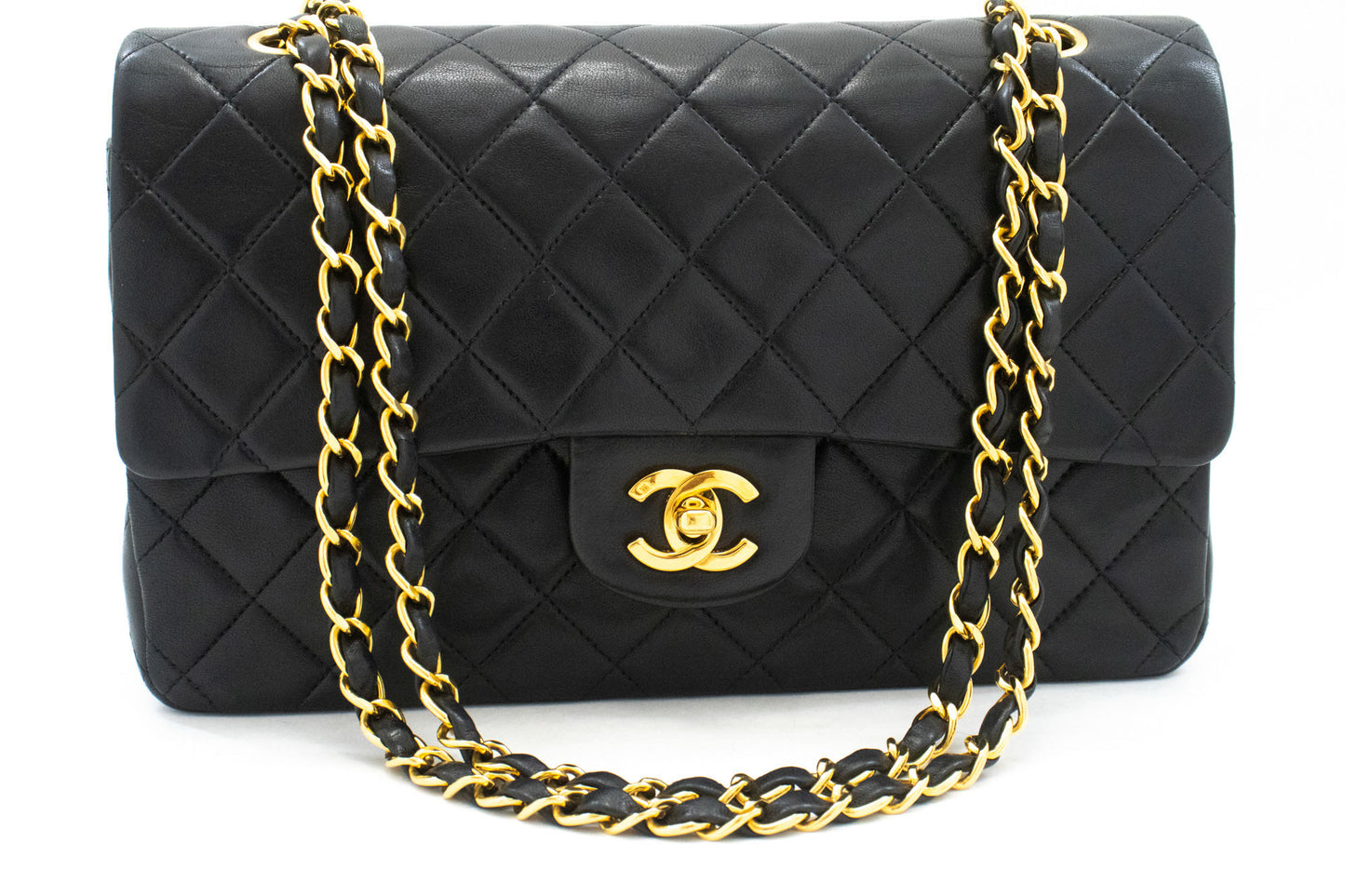 CHANEL Classic Double Flap 10" Chain Shoulder Bag Black Lambskin aj8 hannari-shop
