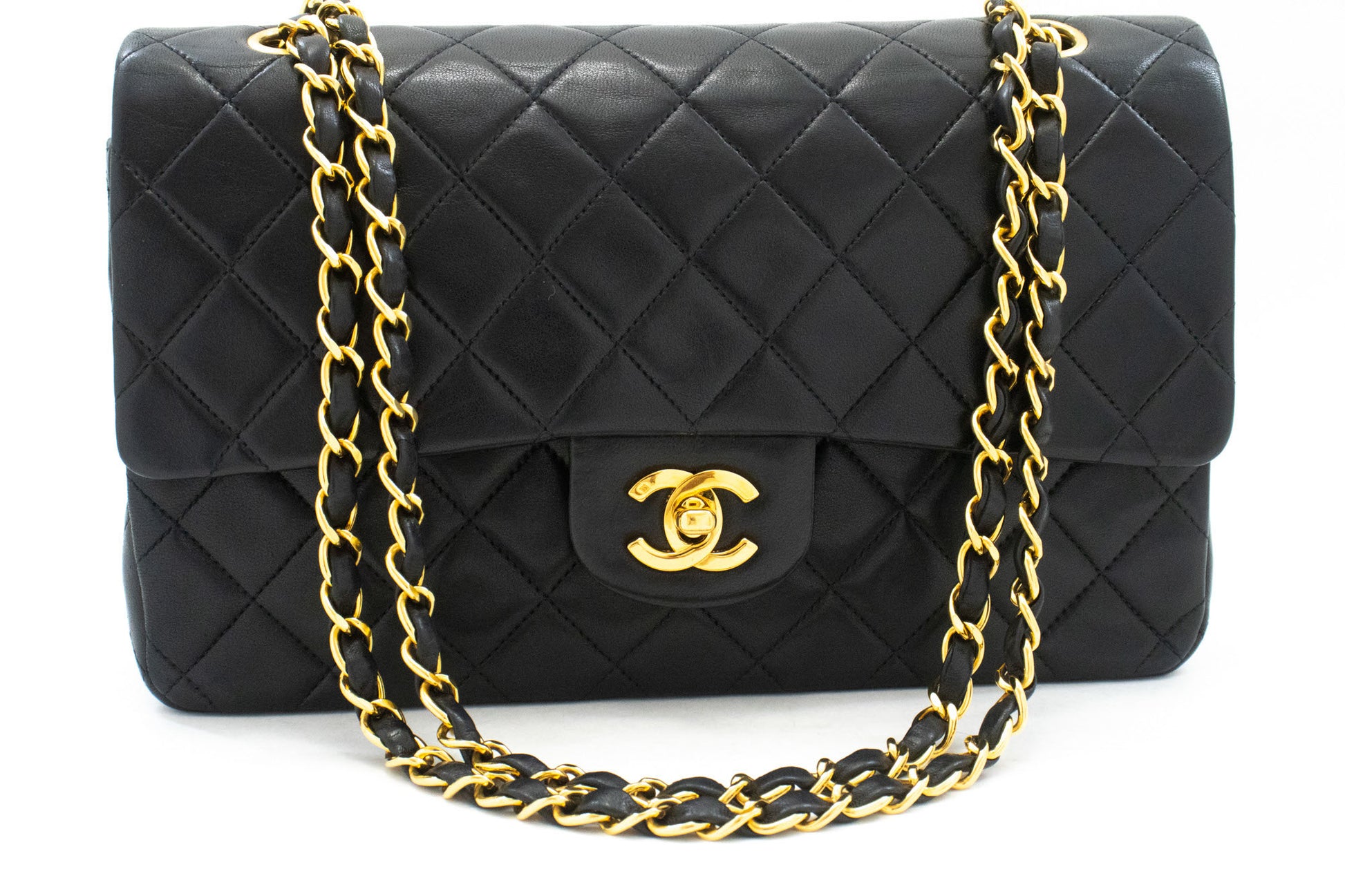 CHANEL Classic Double Flap 10" Chain Shoulder Bag Black Lambskin aj8 hannari-shop