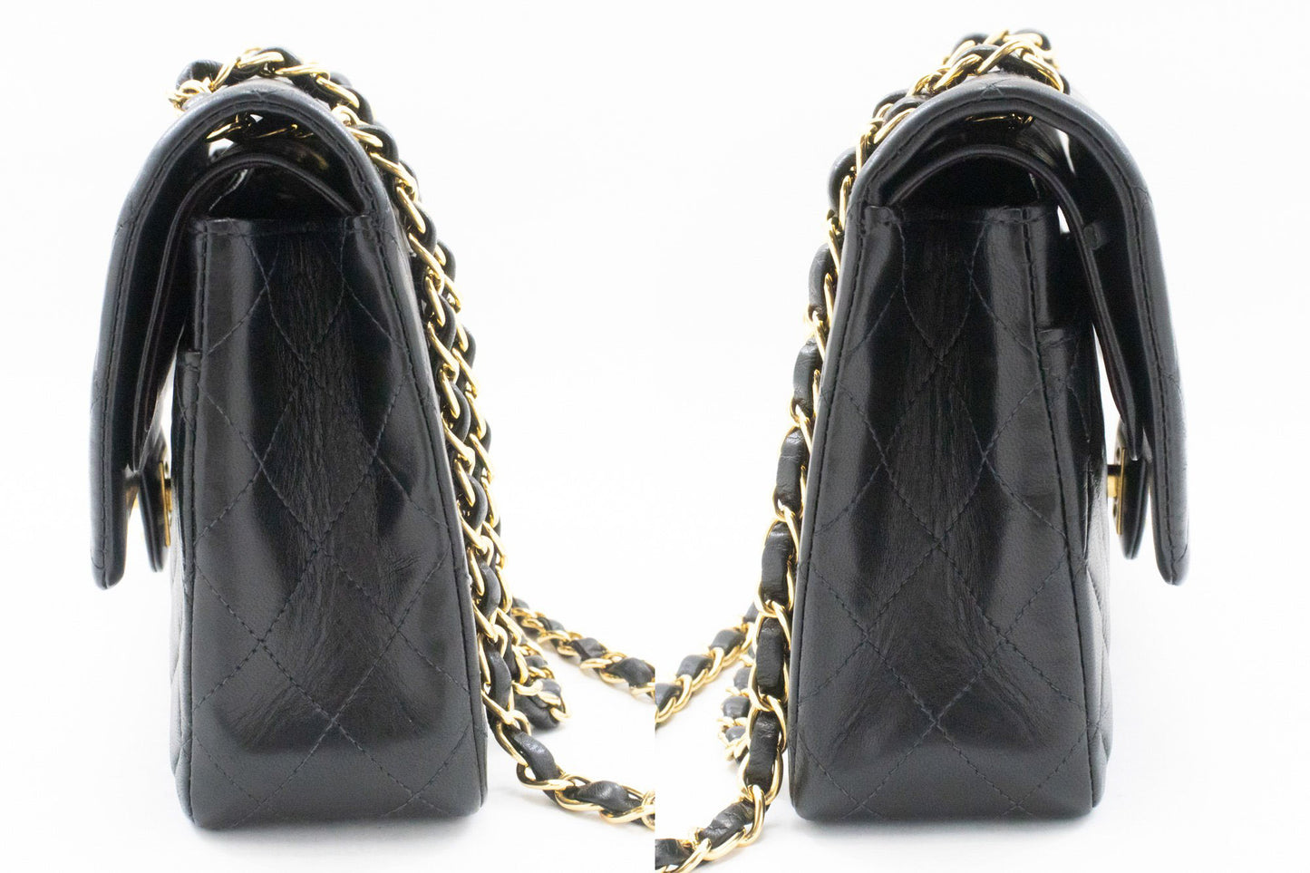 CHANEL Classic Double Flap 10" Chain Shoulder Bag Black Lambskin am9 hannari-shop