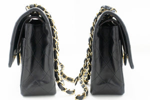 CHANEL Classic Double Flap 10" Chain Shoulder Bag Black Lambskin p97 hannari-shop
