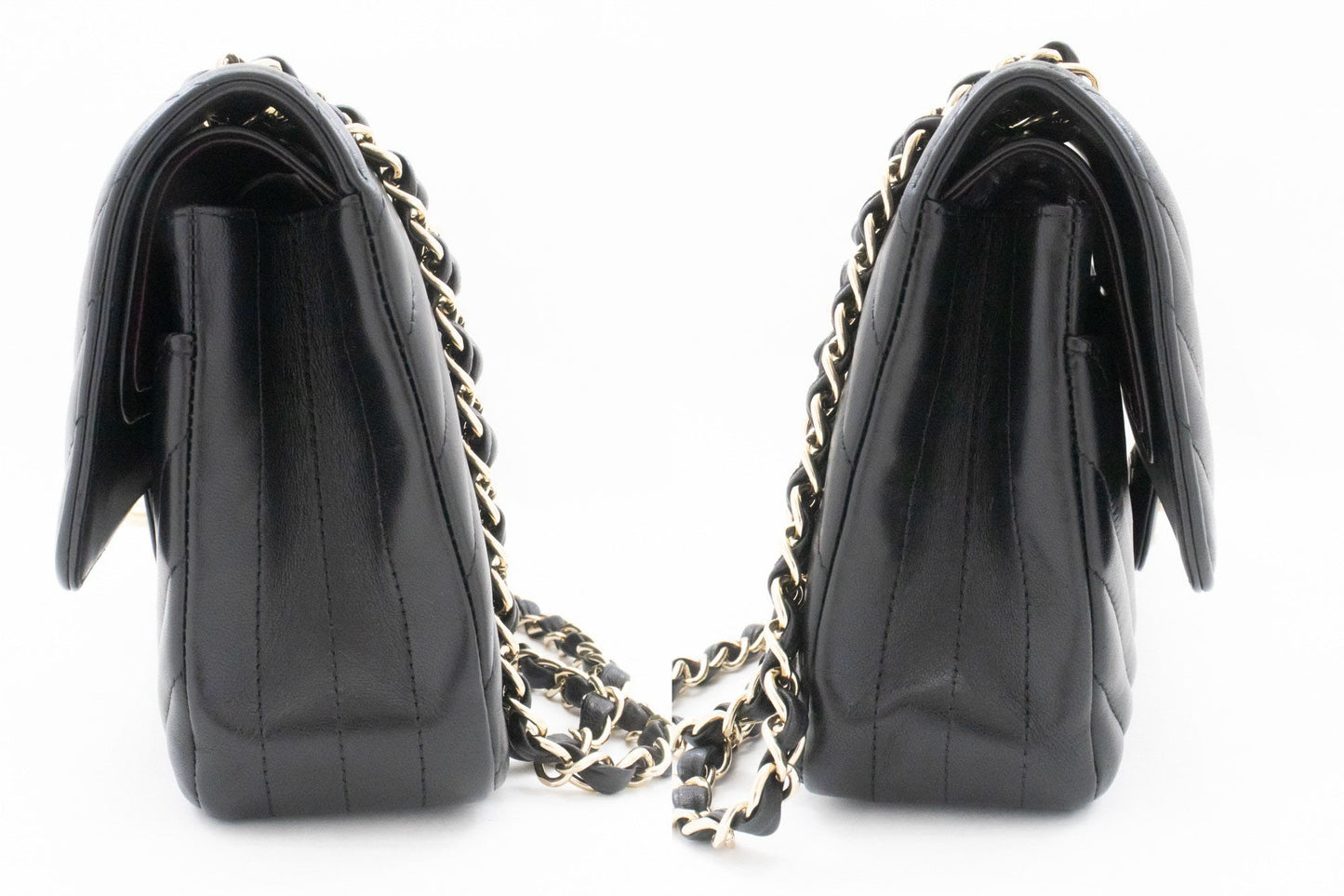 CHANEL V-Stitch Double Flap 10" Chain Shoulder Bag Black Lambskin ai5 hannari-shop
