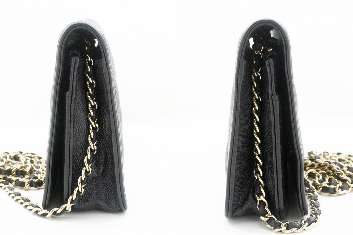 Portefeuille CHANEL Boy noir en veau grainé avec chaîne WOC sac à rabat p66 hannari-shop