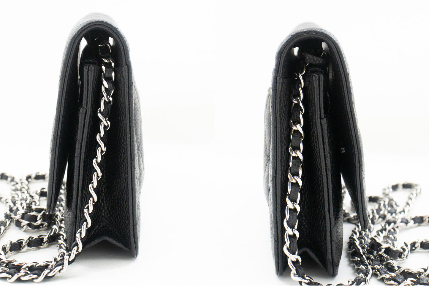 CHANEL Wallet On Chain WOC i kornet kalveskind, sort skuldertaske p60 hannari-shop