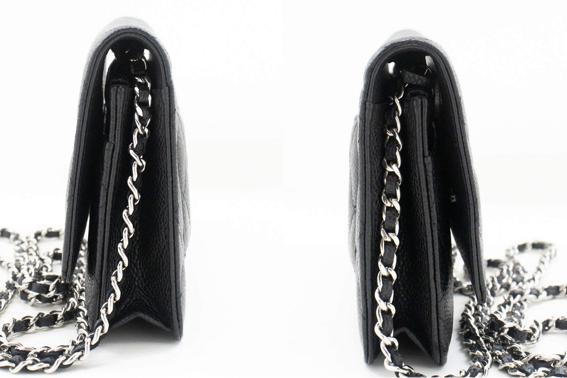 CHANEL Wallet On Chain WOC i kornet kalveskind, sort skuldertaske p60 hannari-shop