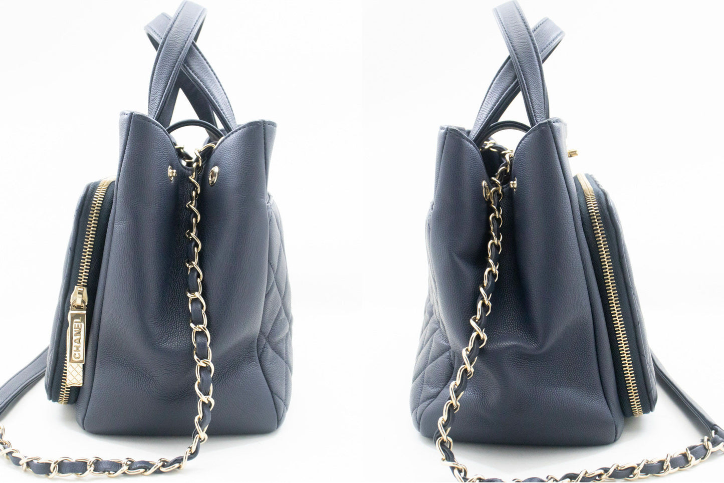 CHANEL Navy Gegranuleerd Kalfsleder Schoudertas Handtas Gewatteerd p44 hannari-shop