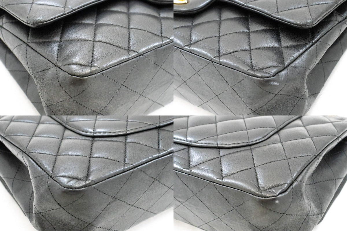 CHANEL Classic Double Flap 10" Chain Shoulder Bag Black Lambskin aq1 — angles hannari-shop