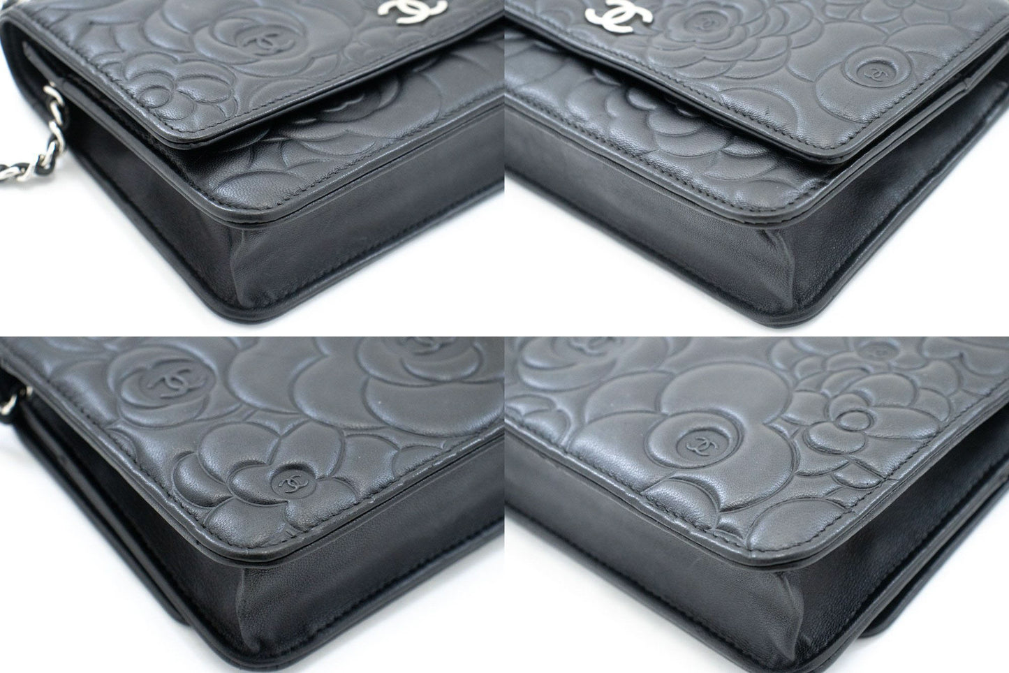 CHANEL Black Camellia Embossed Wallet On Chain WOC Shoulder Bag ab6 hannari-shop