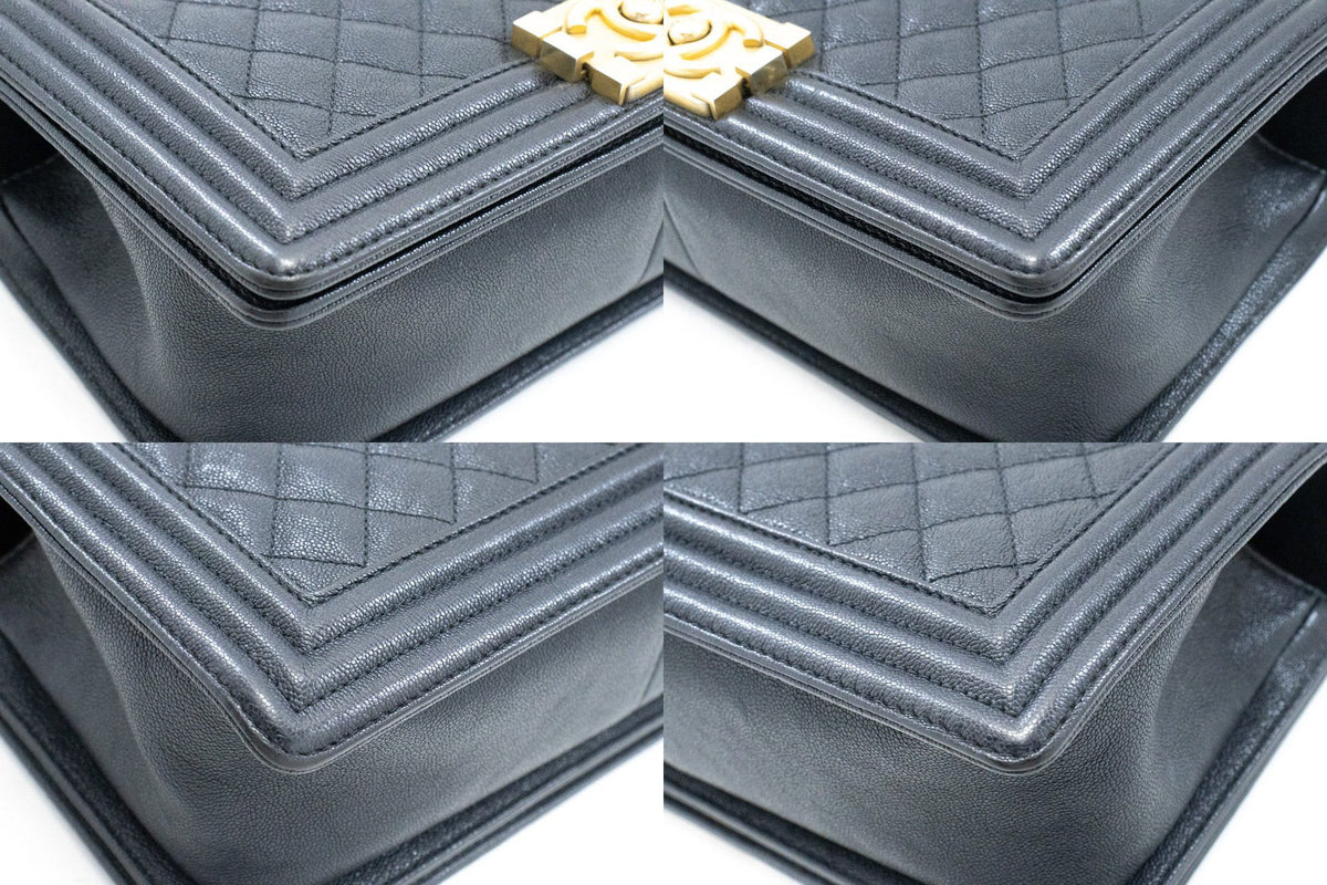 CHANEL Boy Grained Calfskin Chain Shoulder Bag Black Quilted Gold an7 hannari-shop