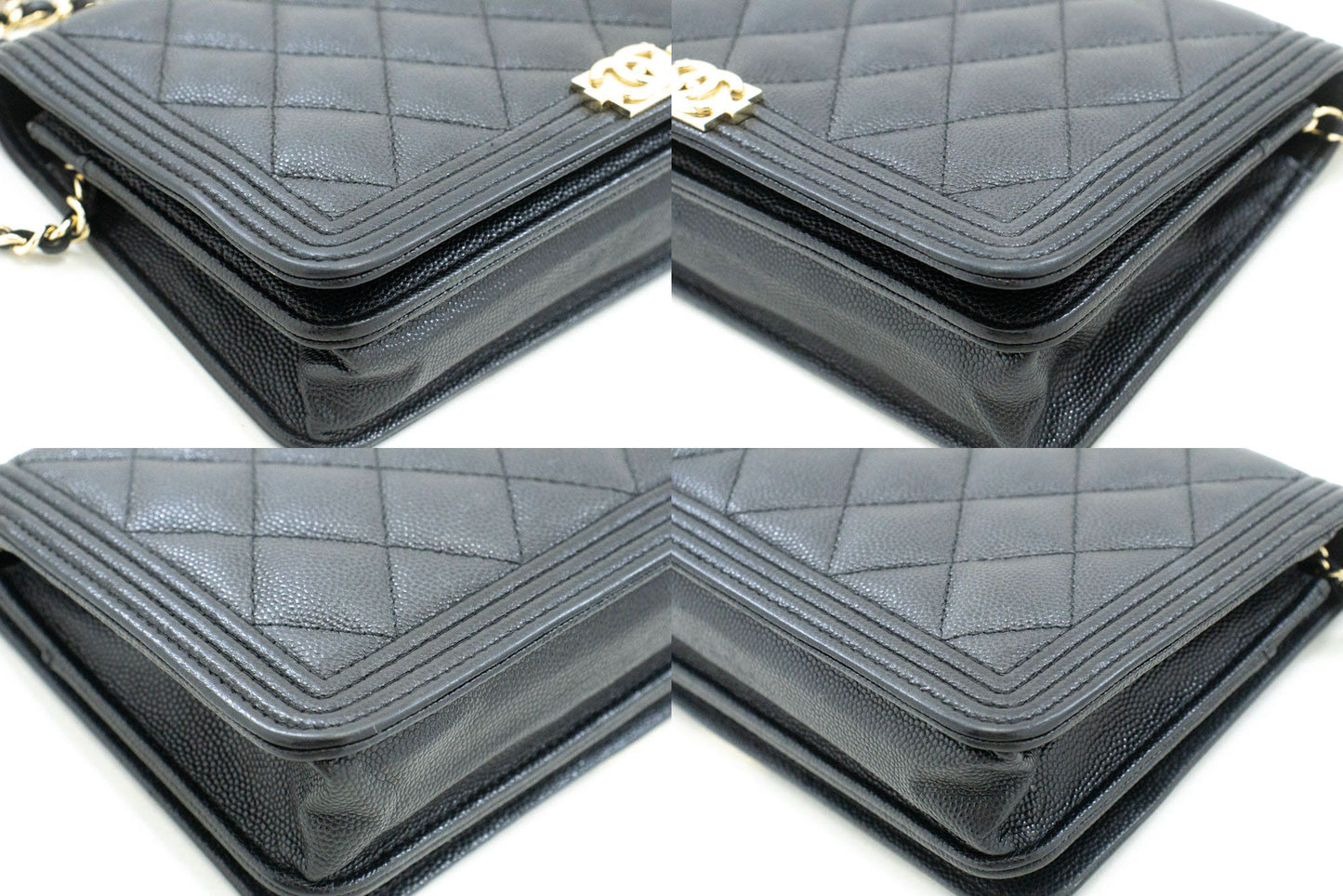 Portefeuille CHANEL Boy noir en veau grainé avec chaîne WOC sac à rabat p66 hannari-shop