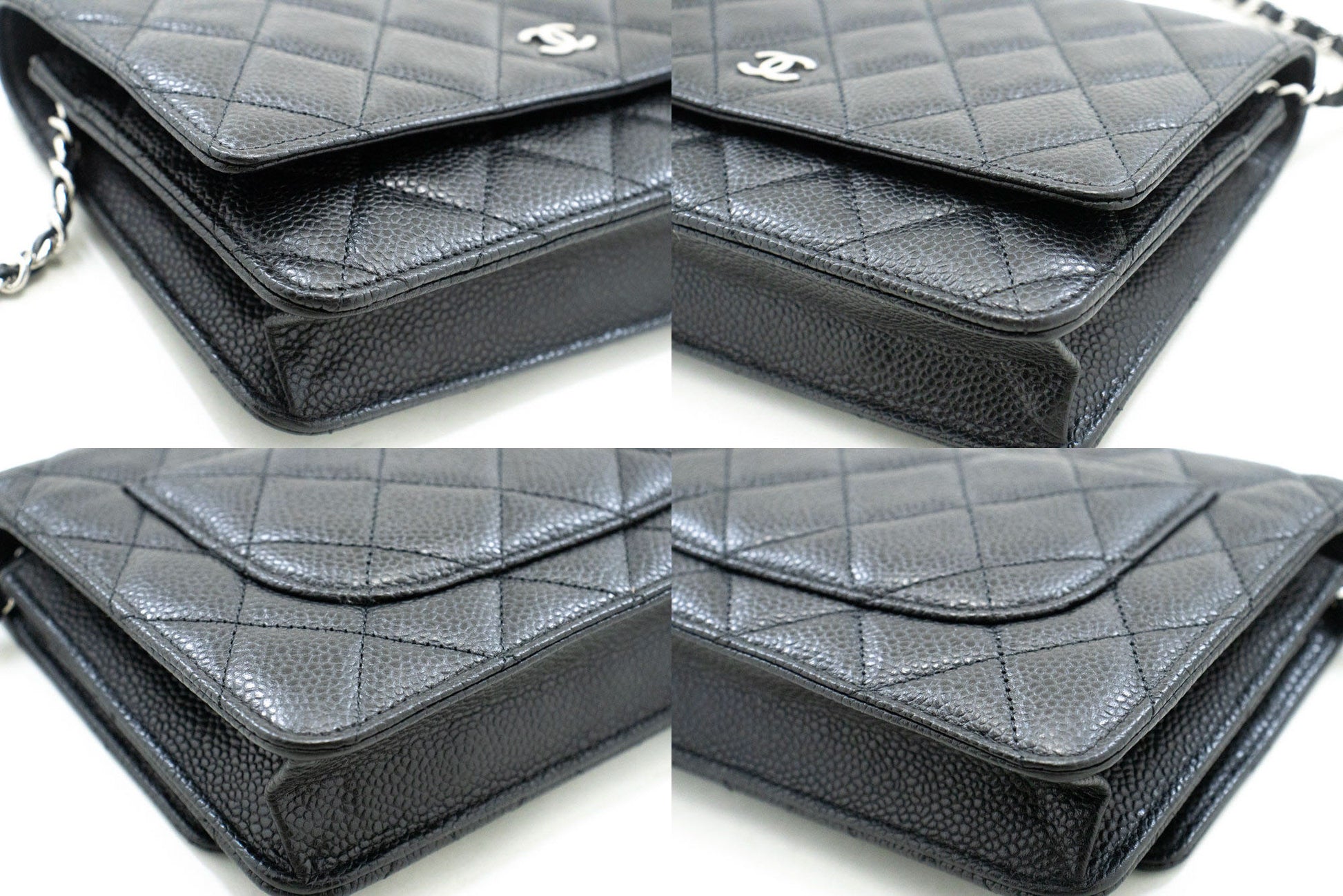CHANEL Wallet On Chain WOC i kornet kalveskind, sort skuldertaske p60 hannari-shop