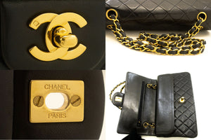 CHANEL Classic Double Flap 10" Chain Shoulder Bag Black Lambskin p59 hannari-shop