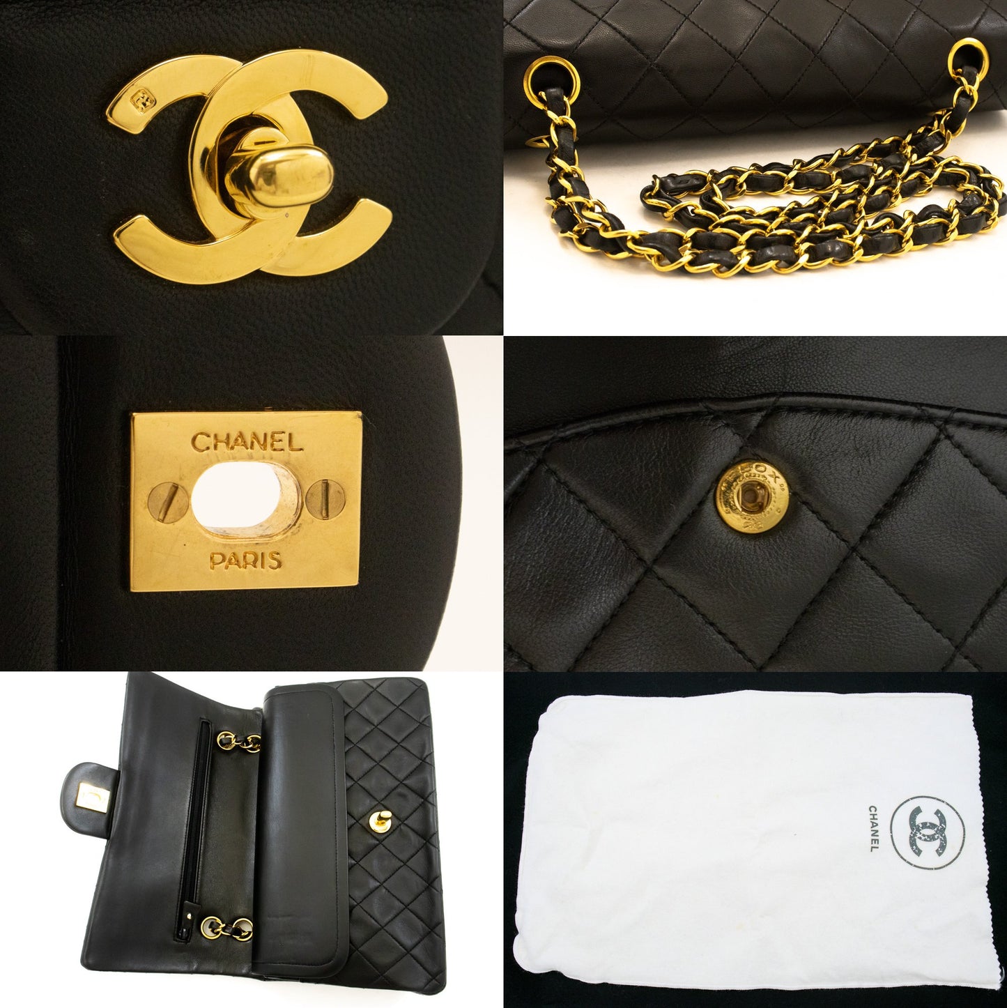 Sac à bandoulière CHANEL Classic Double Flap 10" à chaîne en agneau noir am1 hannari-shop