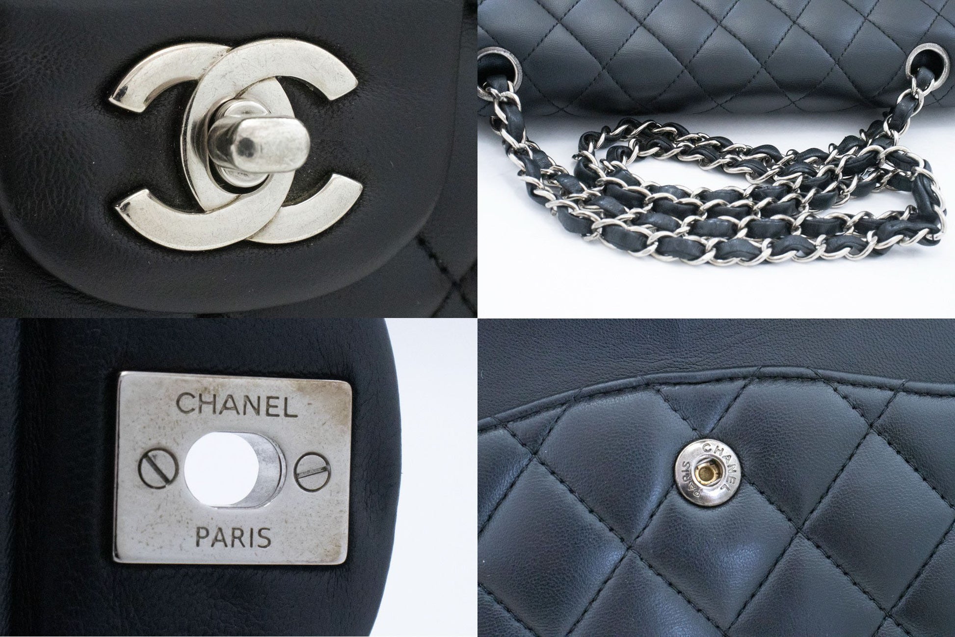 CHANEL Classic Double Flap 10" Schultertasche mit silberner Kette Schwarz ai1 hannari-shop