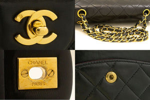 CHANEL Classic Double Flap 10" Chain Shoulder Bag Black Lambskin p36 hannari-shop