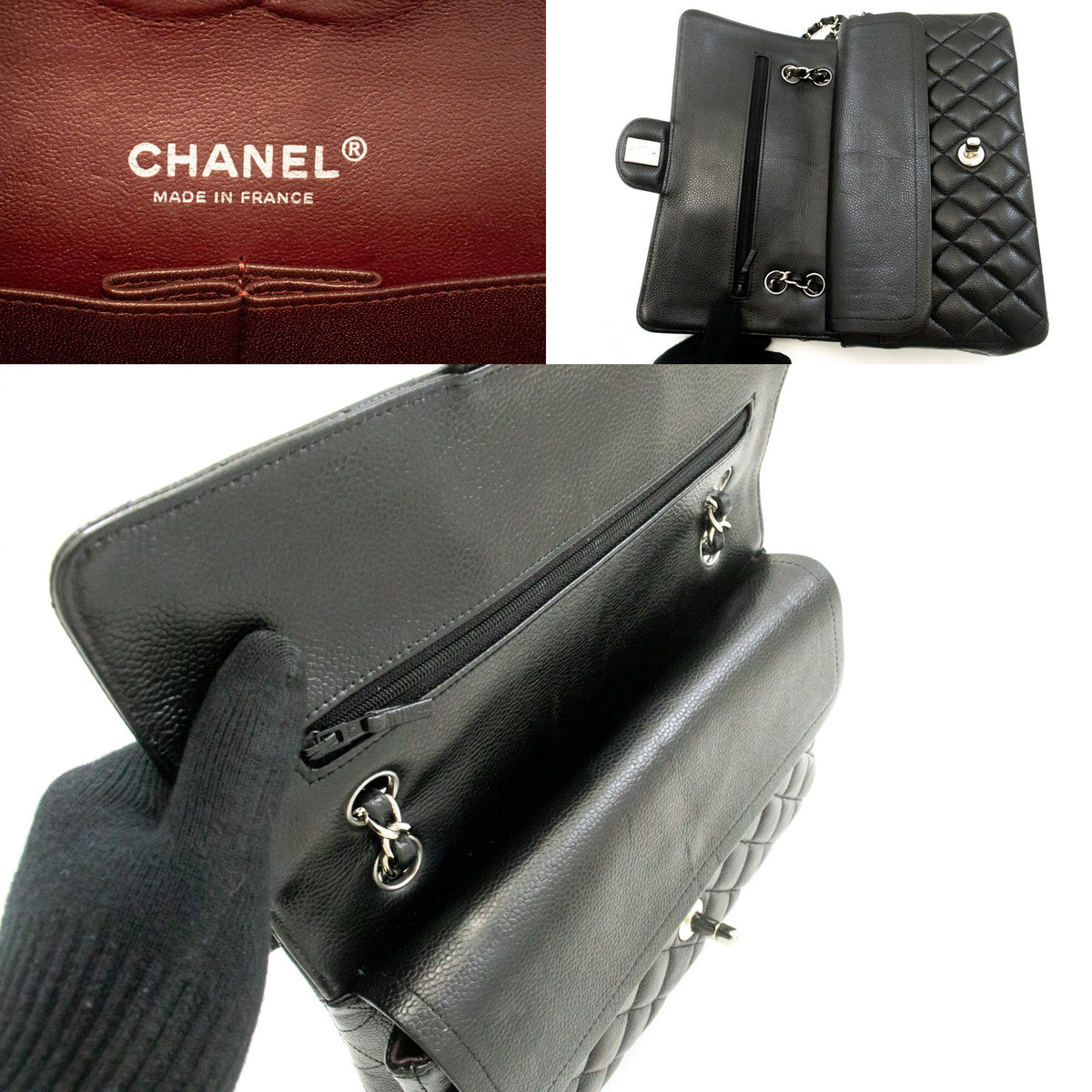 CHANEL Grained Calfskin Double Flap 10" Chain Shoulder Bag Black ao1 hannari-shop