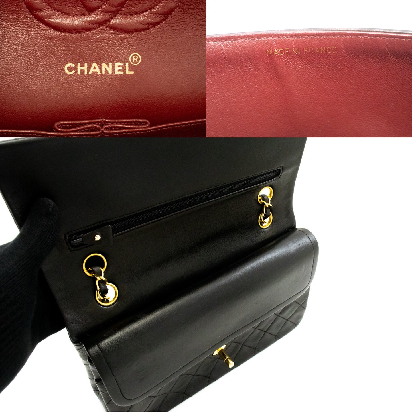 Sac à bandoulière CHANEL Classic Double Flap 10" à chaîne en agneau noir am1 hannari-shop