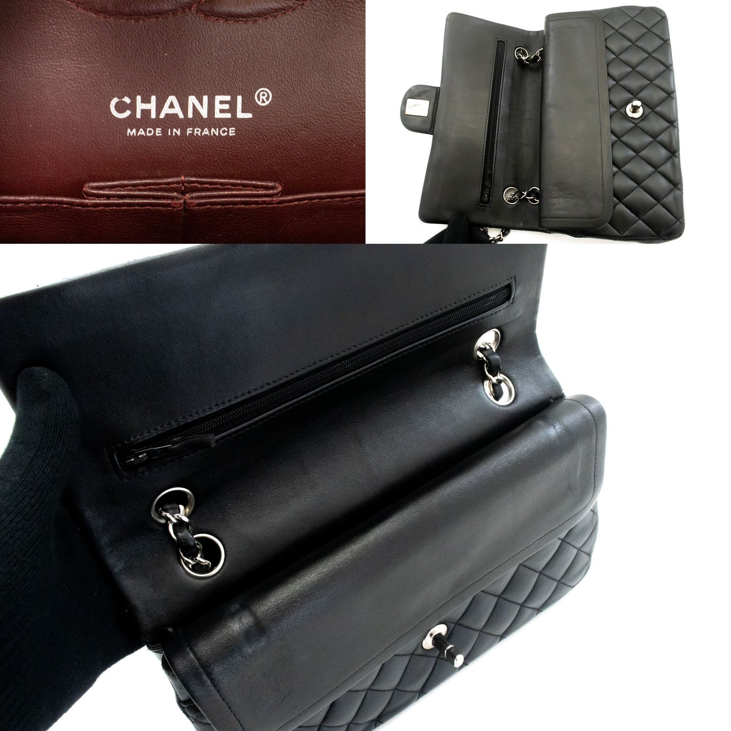 CHANEL Classic Double Flap 10" Schultertasche mit silberner Kette Schwarz ai1 hannari-shop