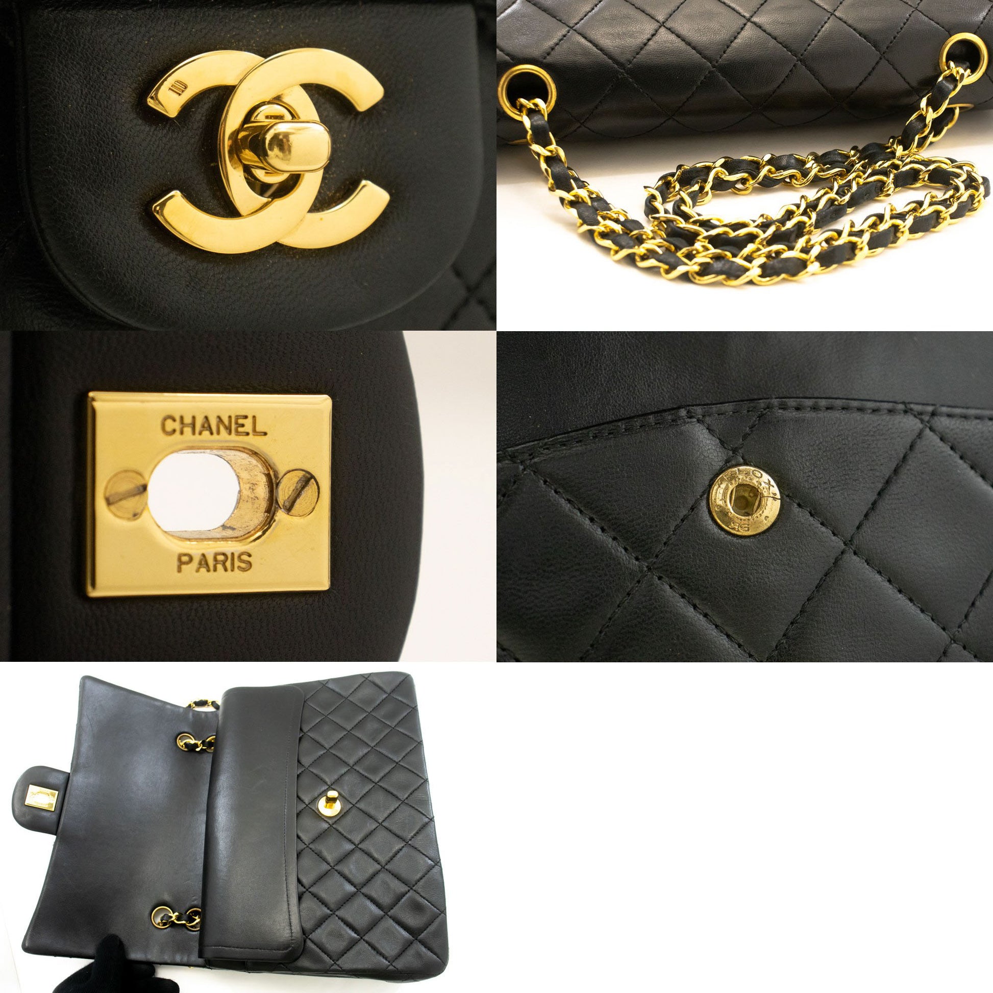 Sac à bandoulière carré CHANEL Classic Double Flap en agneau noir ad7 hannari-shop