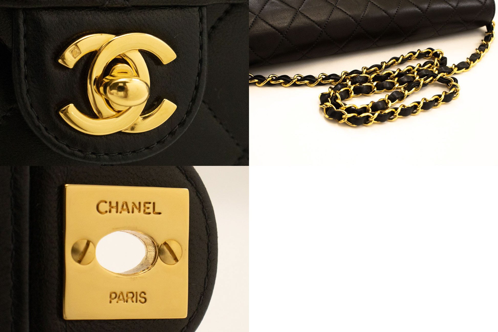 CHANEL skuldertaske med kæde, clutch, sort quiltet flap i lammeskind, taske aa2 hannari-shop