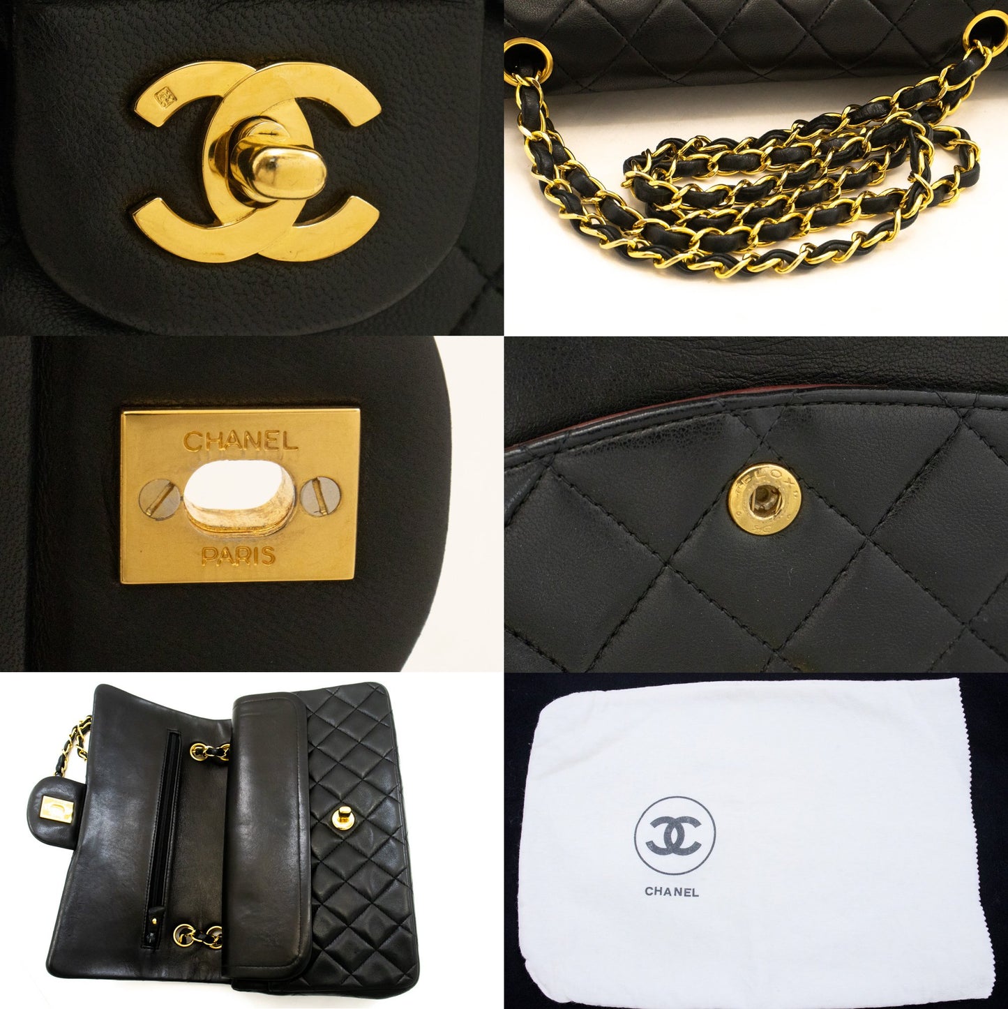 Sac à bandoulière CHANEL Classic Double Flap 10" avec chaîne, cuir d'agneau noir am3 hannari-shop