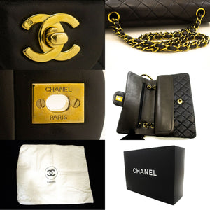 CHANEL Classic Double Flap 10" Chain Shoulder Bag Black Lambskin p49 hannari-shop