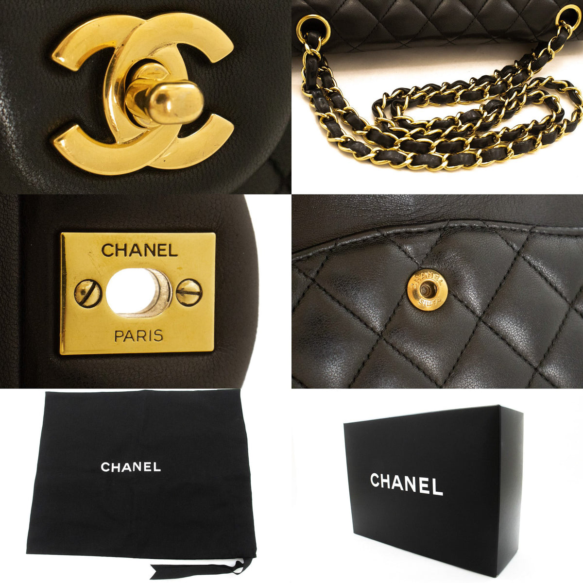CHANEL Classic Double Flap 10" Chain Shoulder Bag Black Lambskin aq1 — ferrures hannari-shop