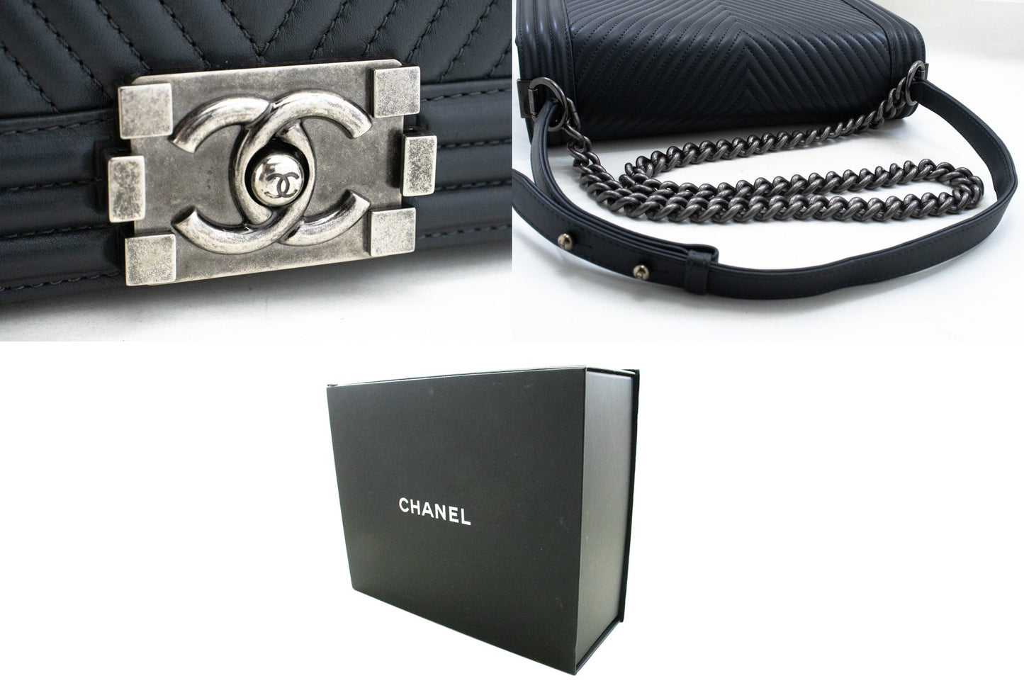 CHANEL Boy Donkergrijze V-Stitch Chain Schoudertas Gequilte Flap n41 hannari-shop