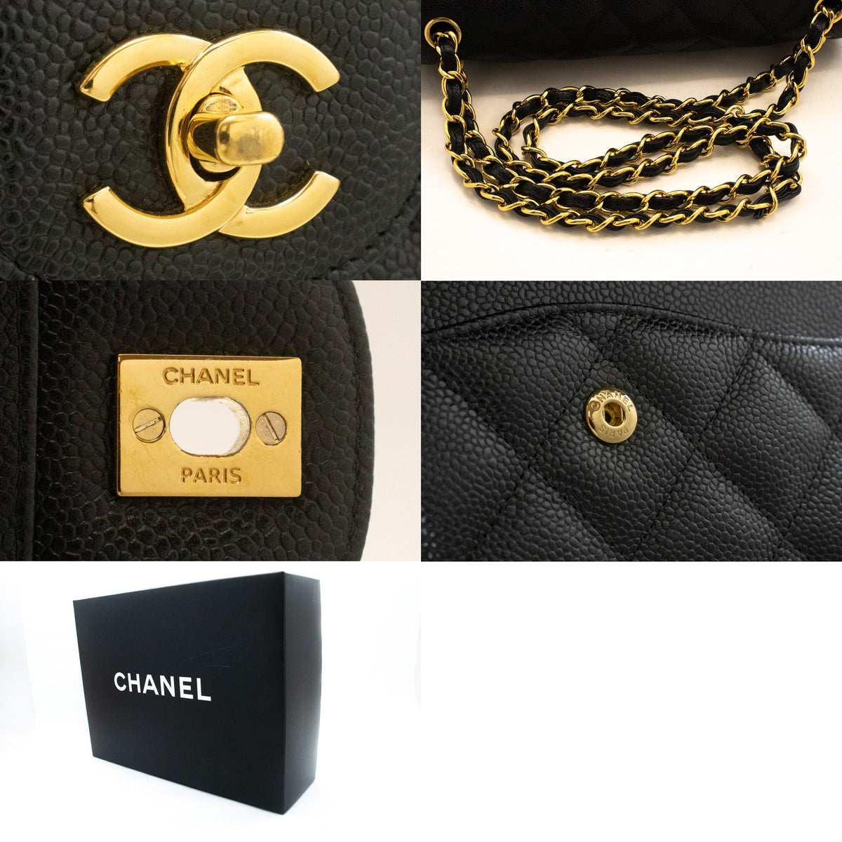 CHANEL 11" Chain Shoulder Bag Double Flap Black Grained Calfskin an5 hannari-shop