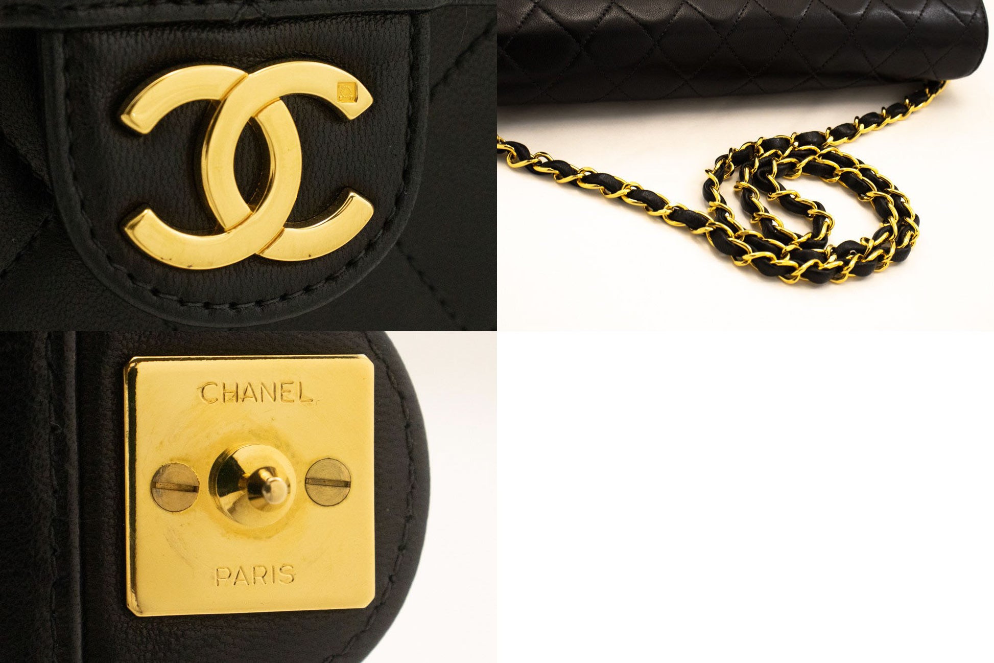 Sac à bandoulière chaîne CHANEL Pochette noire matelassée en agneau rabat portefeuille p42 hannari-shop
