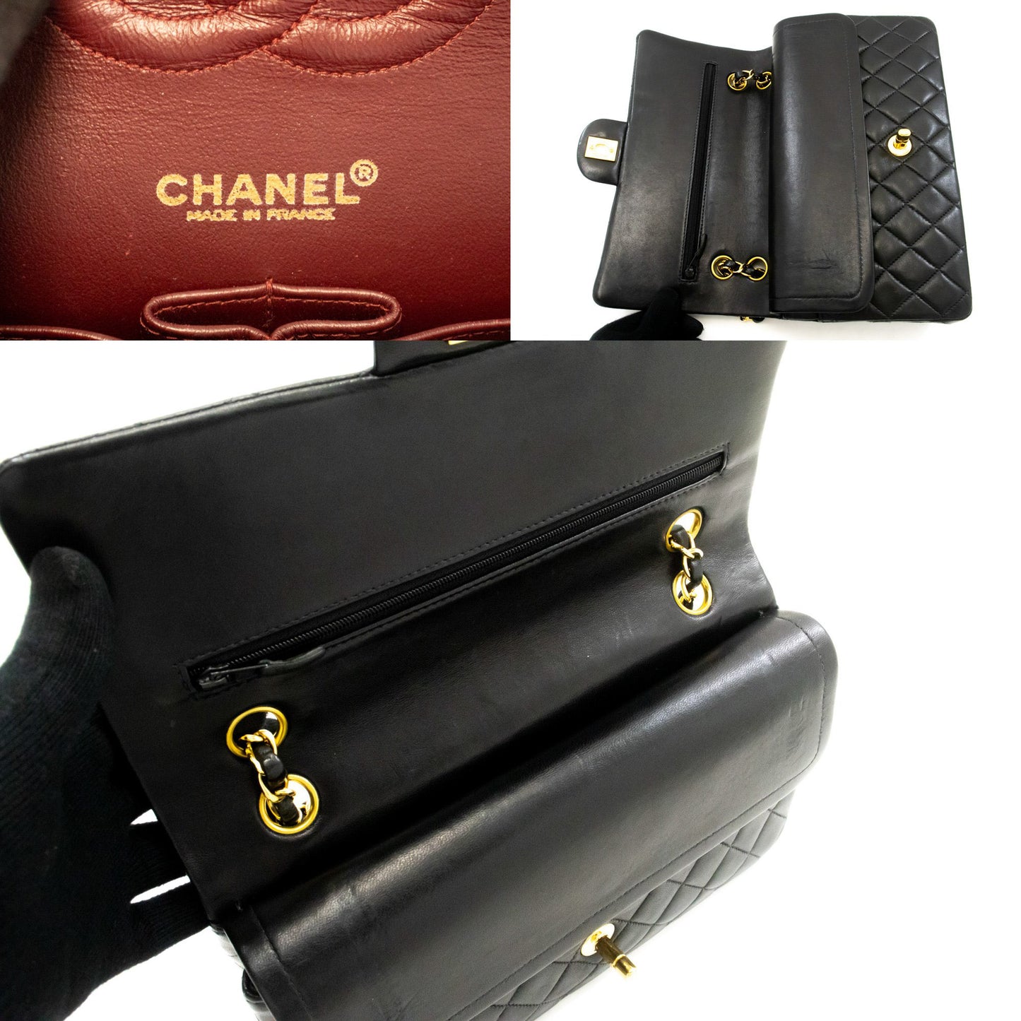 CHANEL Classic Double Flap 10" Chain Shoulder Bag Black Lambskin am9 hannari-shop