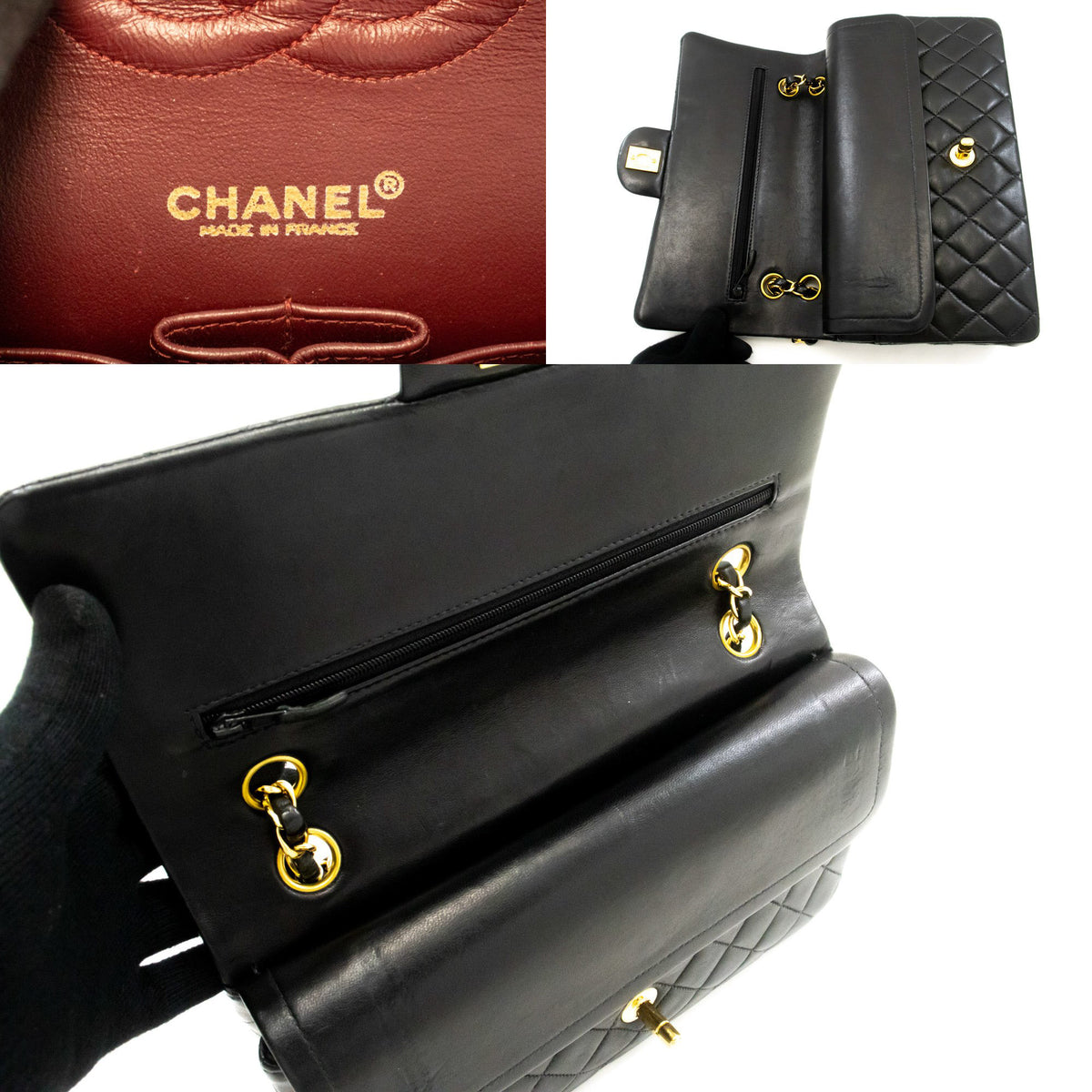 CHANEL Classic Double Flap 10" Chain Shoulder Bag Black Lambskin am9 hannari-shop