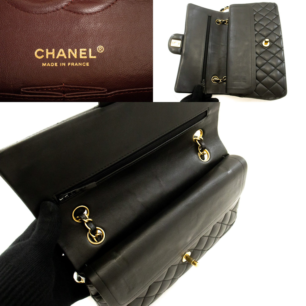 CHANEL Classic Double Flap 10" Chain Shoulder Bag Black Lambskin aq1 — logo CHANEL intérieur hannari-shop