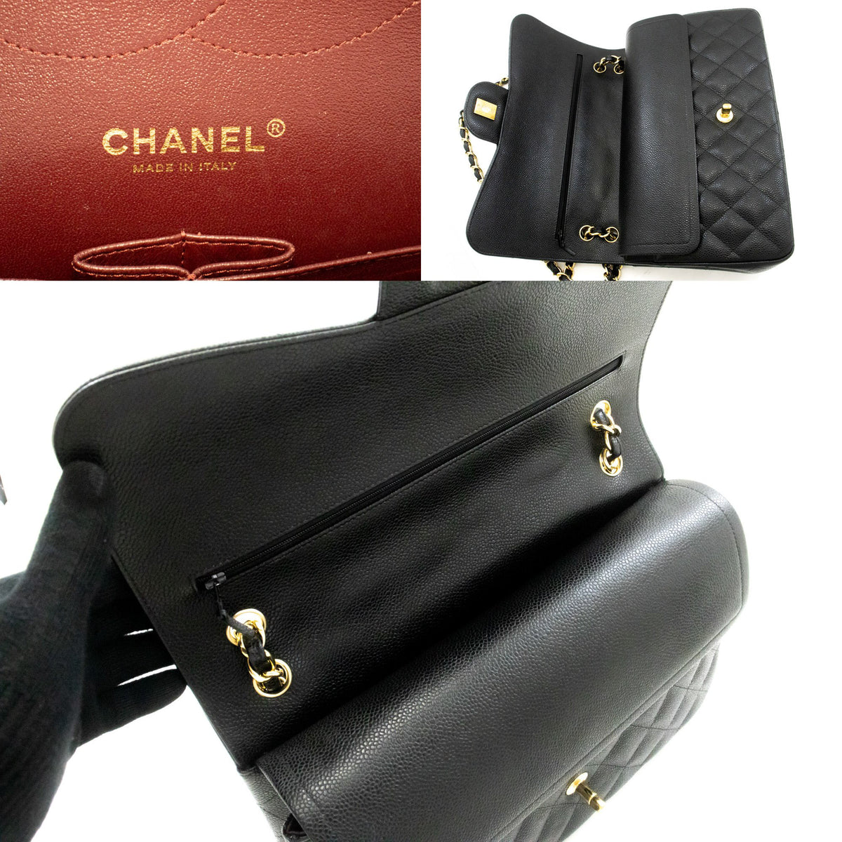 CHANEL 11" Chain Shoulder Bag Double Flap Black Grained Calfskin an5 hannari-shop