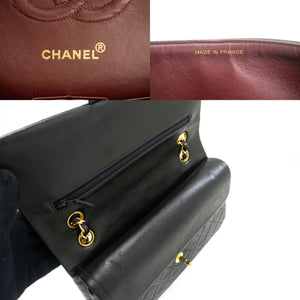 CHANEL Classic Double Flap 10" Chain Shoulder Bag Black Lambskin p05 hannari-shop