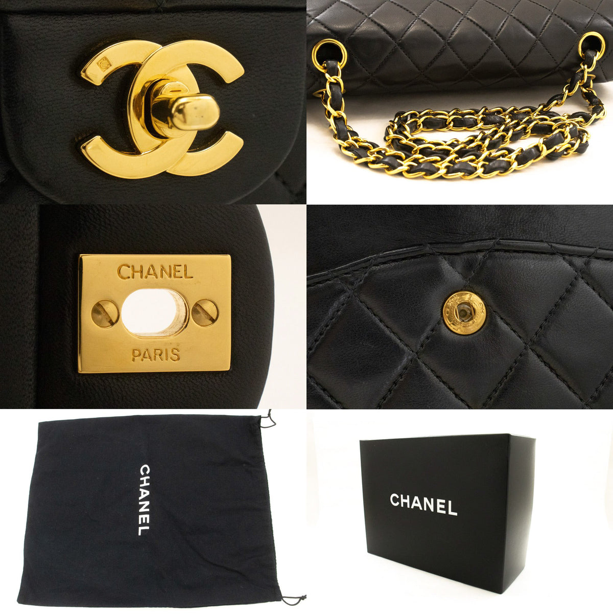 CHANEL Classic Double Flap 10" Chain Shoulder Bag Black Lambskin an1 hannari-shop