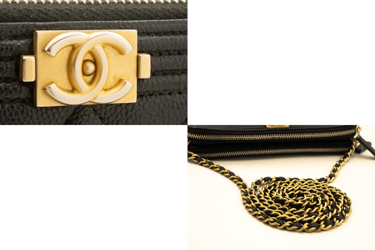 Portefeuille CHANEL Boy Noir Caviar Wallet On Chain WOC Double Zip Épaule n35 hannari-shop