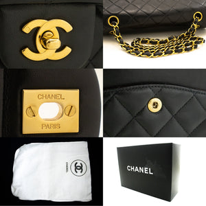 CHANEL Classic Double Flap 10" Chain Shoulder Bag Black Lambskin m52 hannari-shop