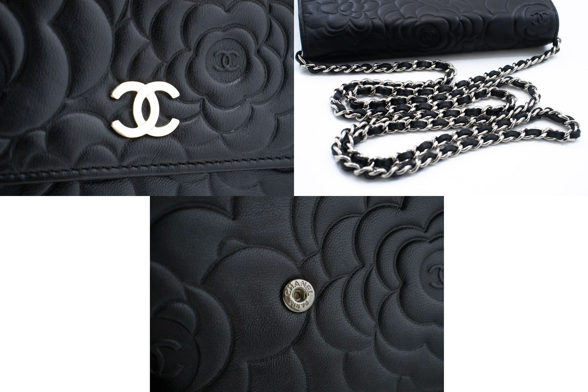 CHANEL Black Camellia Embossed Wallet On Chain WOC Shoulder Bag ab6 hannari-shop