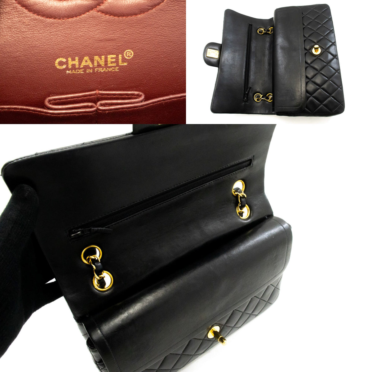 CHANEL Classic Double Flap 10" Chain Shoulder Bag Black Lambskin an1 hannari-shop