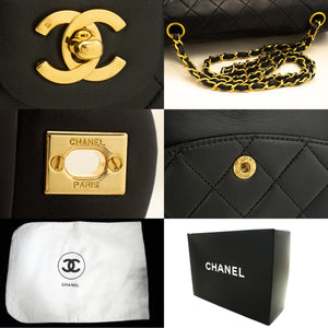 CHANEL Classic Double Flap 10" Chain Shoulder Bag Black Lambskin n72 hannari-shop