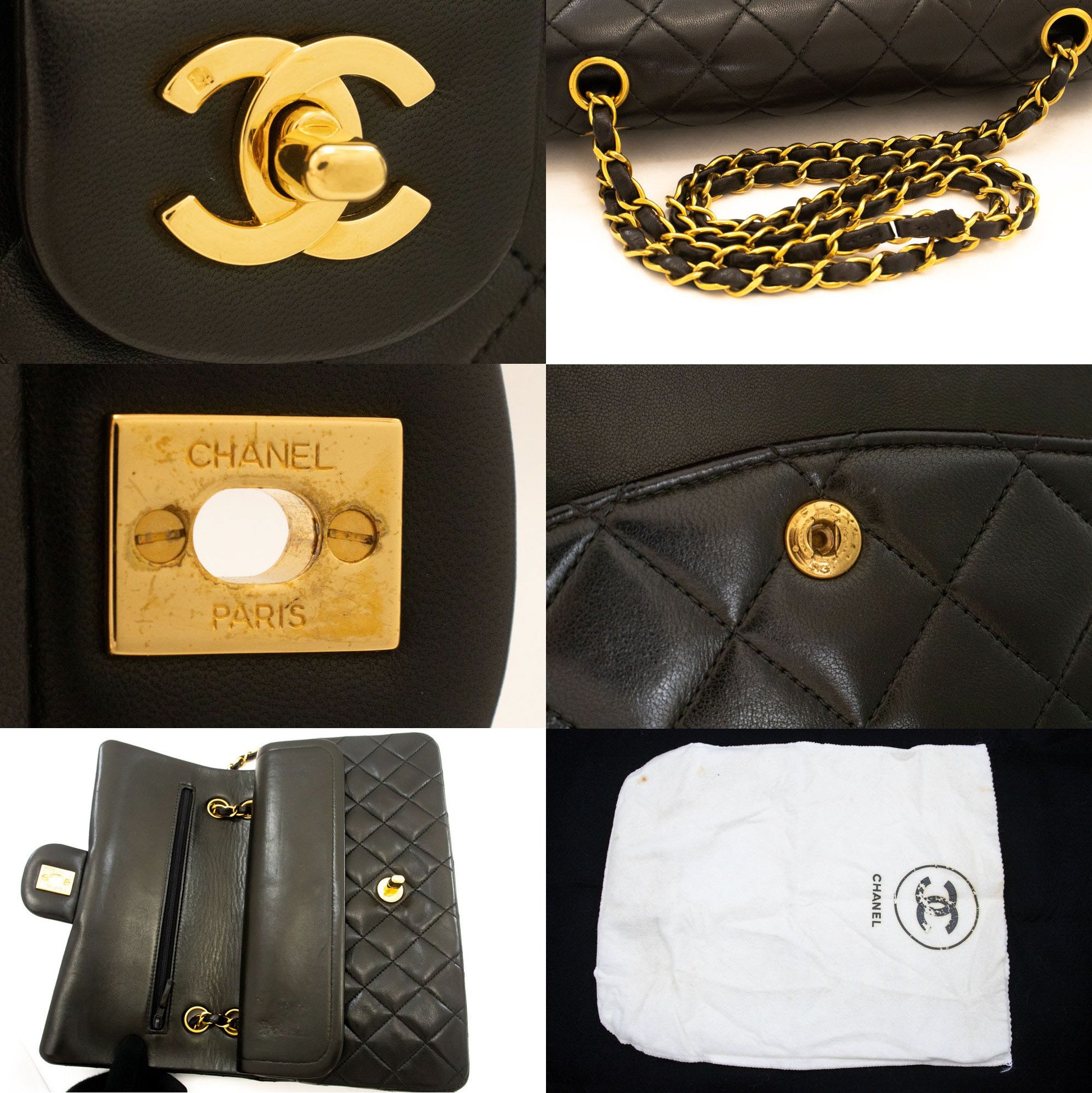 CHANEL Classic Double Flap 10" Chain Shoulder Bag Black Lambskin ak4 hannari-shop