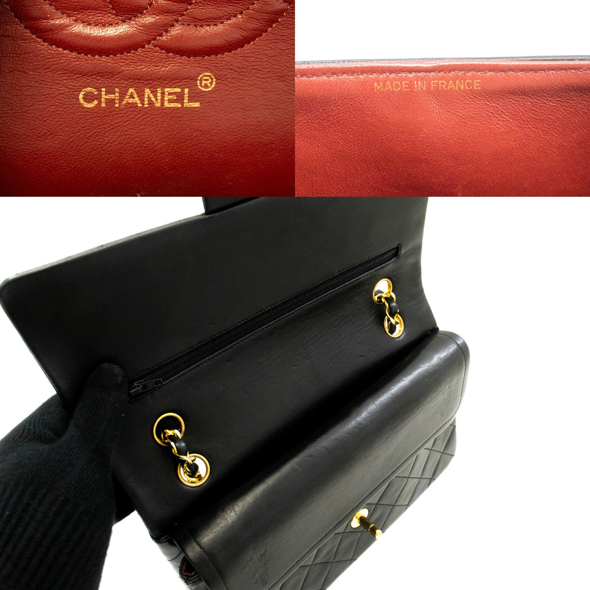 CHANEL Classic Double Flap 10" Chain Shoulder Bag Black Lambskin ao6 — logo CHANEL intérieur hannari-shop