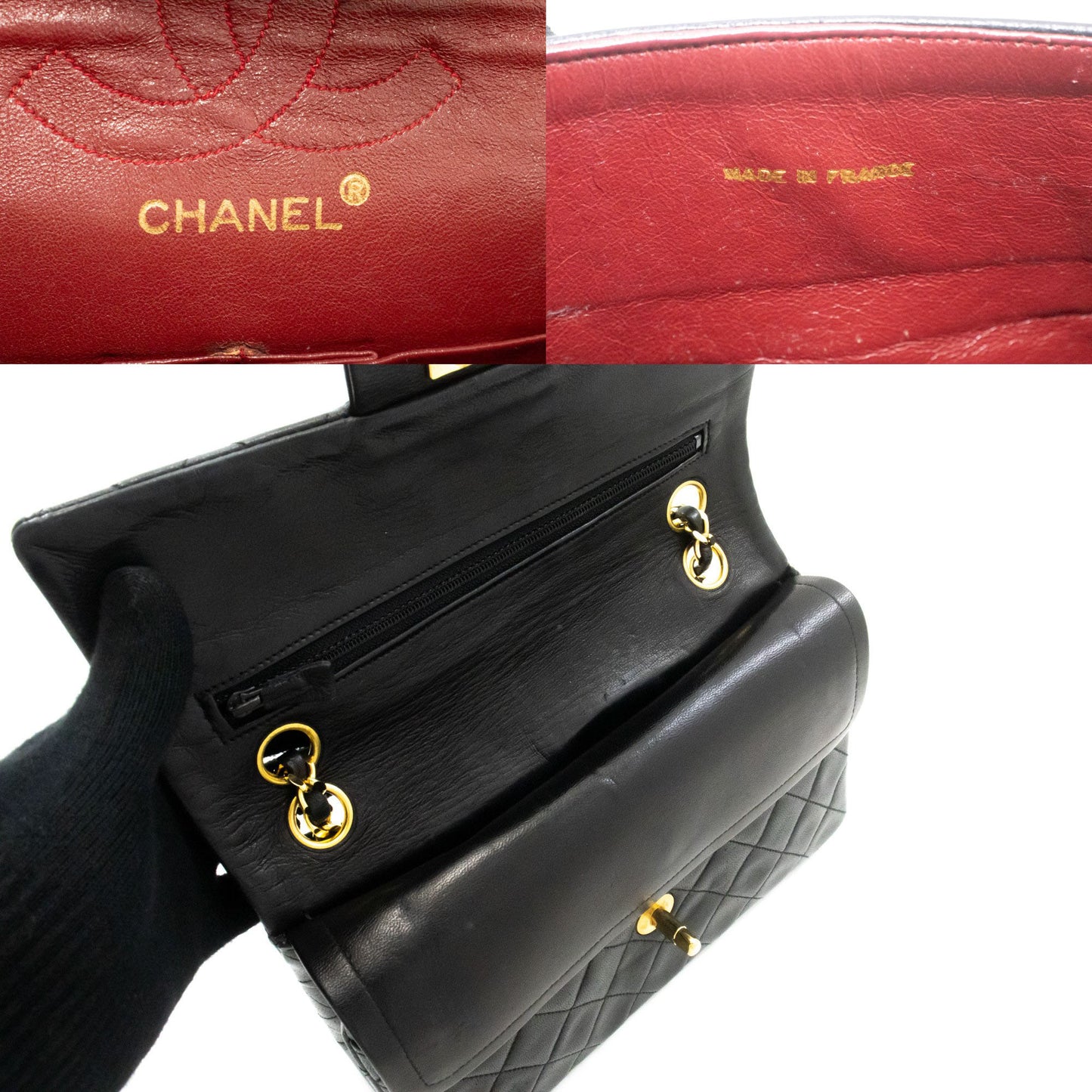 CHANEL Classic Double Flap 9" Schultertasche mit Kette, Schwarz, Lammleder p46 hannari-shop
