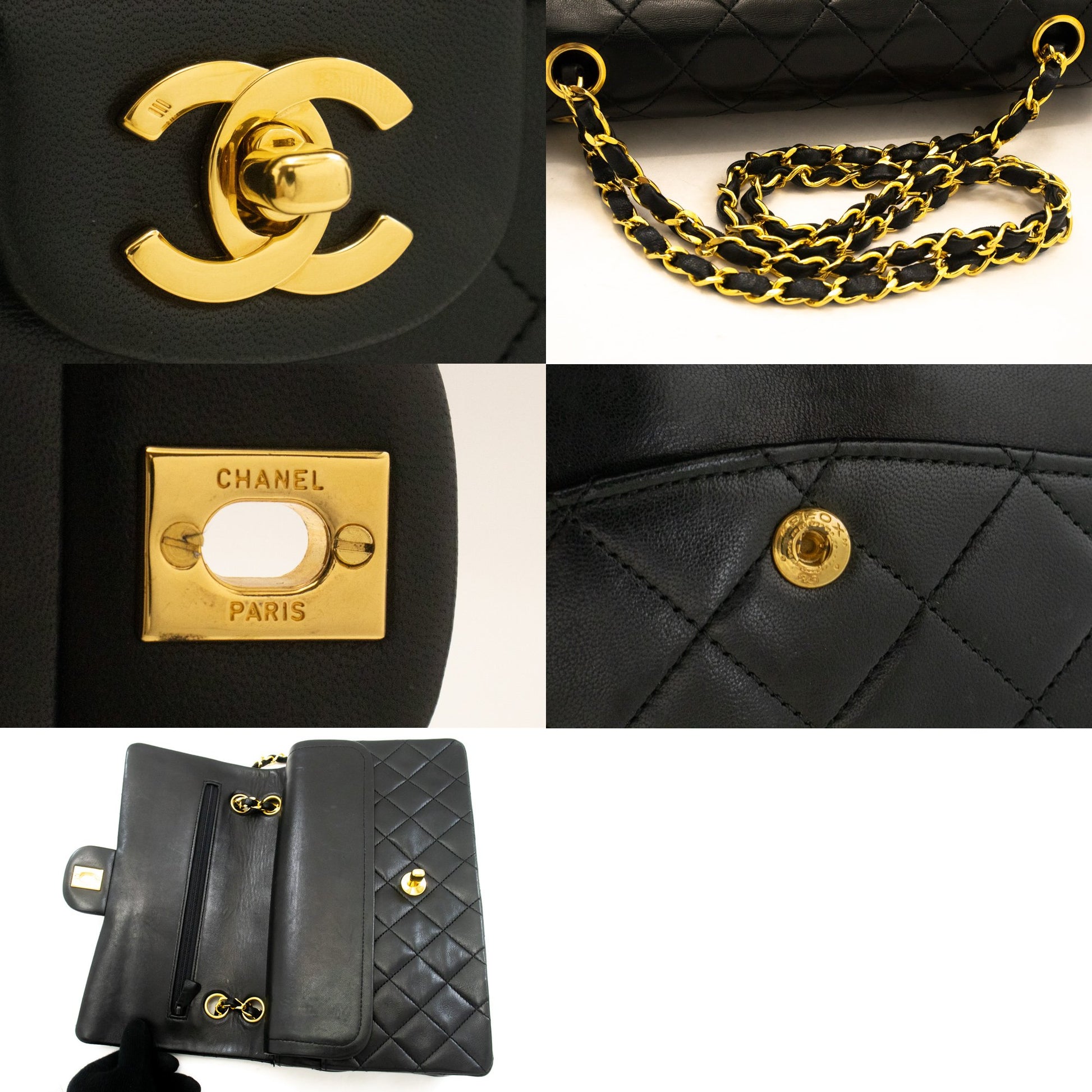 CHANEL Classic Double Flap 10" kæde skuldertaske i sort lammeskind ak9 hannari-shop