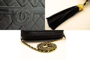 CHANEL Vintage Tassel Chain Shoulder Bag Black Quilted Zipper Lamb n19 hannari-shop