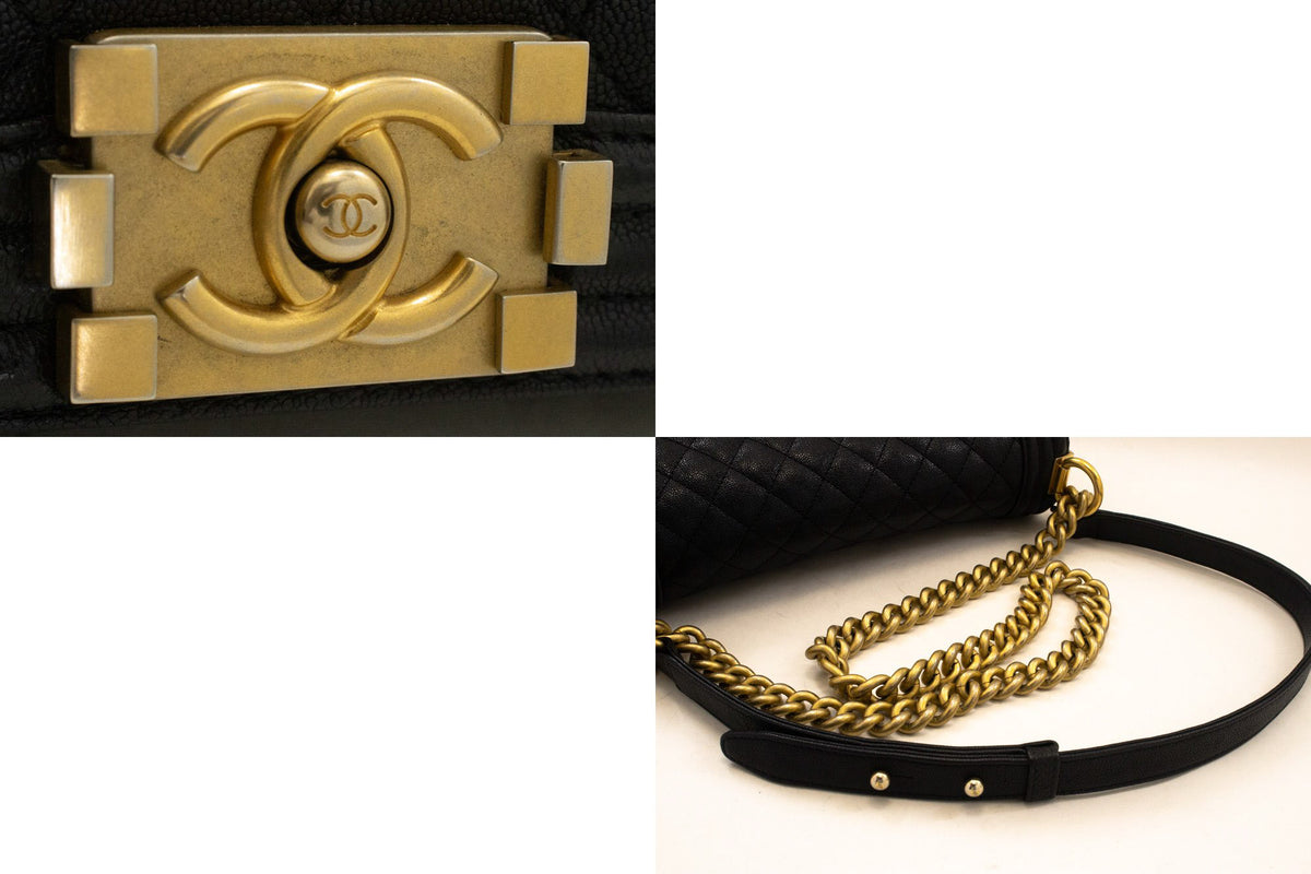 CHANEL Boy Grained Calfskin Chain Shoulder Bag Black Quilted Gold an7 hannari-shop