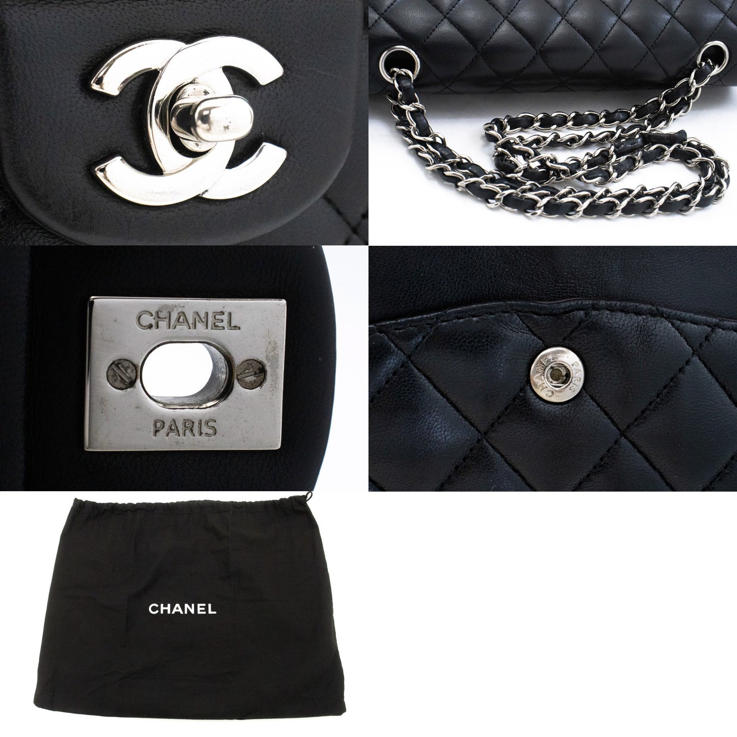CHANEL Classic Double Flap 10" Chain Shoulder Bag Black Lambskin am6 hannari-shop