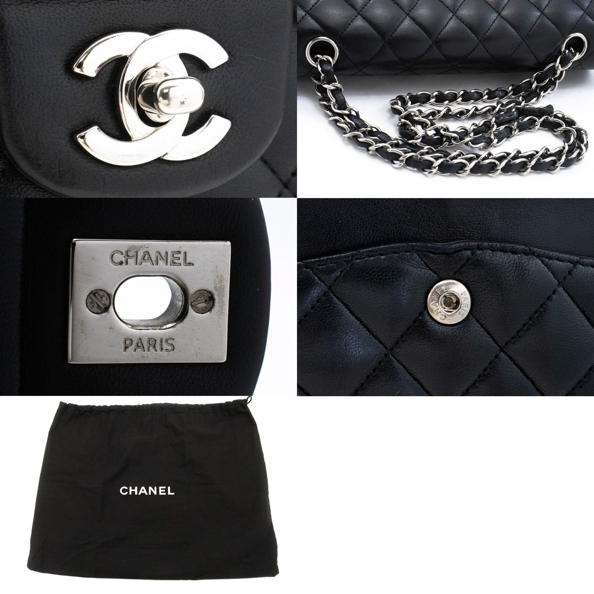 CHANEL Classic Double Flap 10" Chain Shoulder Bag Black Lambskin am6 hannari-shop